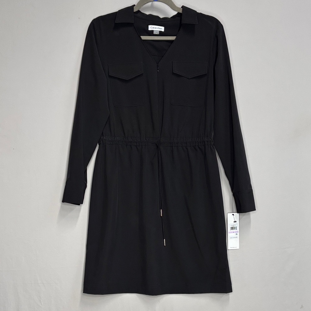 Calvin Klein Black Long-Sleeve Shirt Dress with Drawstring Waist